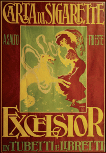 GLAUCO CAMBON, Carta da Sigarette Excelsior in tubetti e libretti, manifesto per carta da sigarette della ditta Salto 1910-1912 [Trieste] - cromolitografia - collezione Delbello, Trieste.