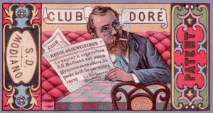 Confezione per cartine da sigarette “Club Doré”; l’attestazione in francese secondo cui “La carta da sigarette S.D. Modiano è senza glicerina, senza cloro e del peso di 10 gr. per metro quadrato. Il Professor Vierthaler” - Archivio Modiano, Trieste.