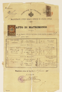 Atto di matrimonio tra Ettore Schmitz e Livia Veneziani. Fondo Svevo 24/9.